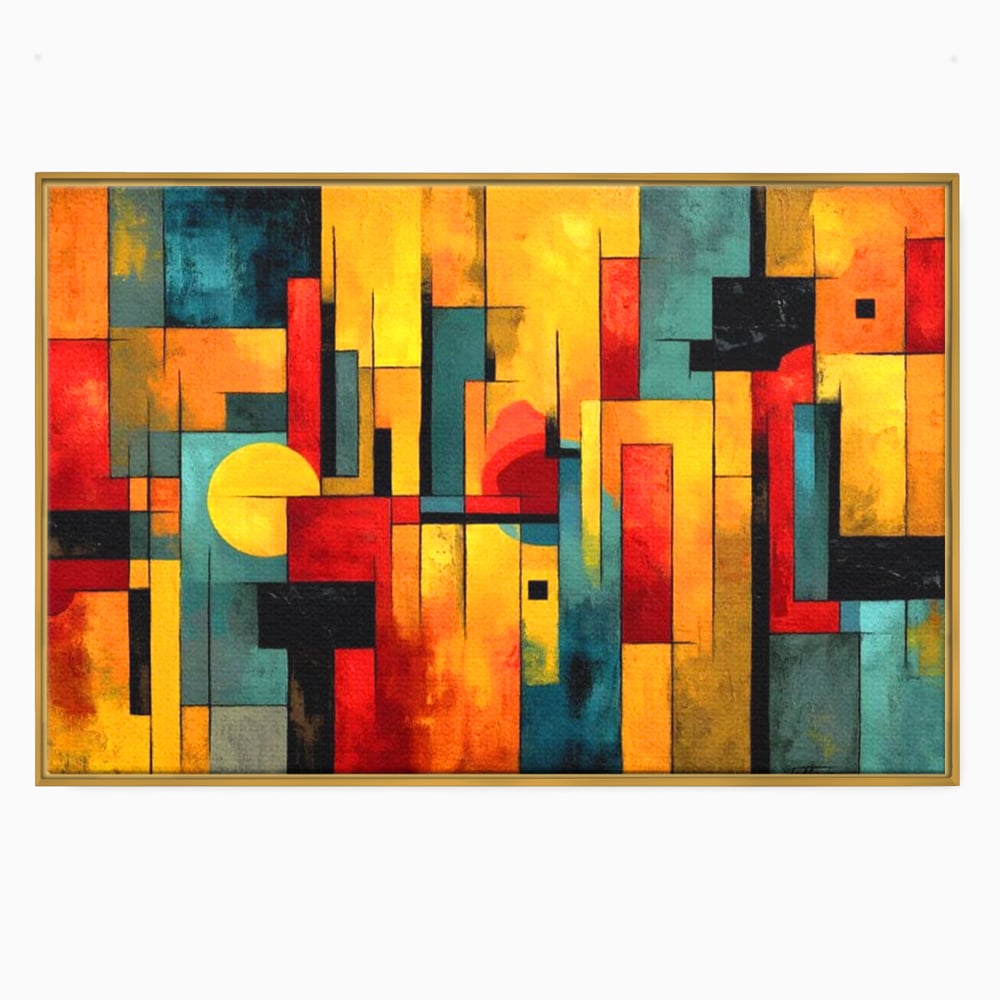Tablou canvas cu pictura abstracta cu forme geometrice urbane, in rama de aluminiu auriu